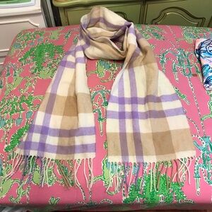 100% lambs wool Scarf Lochcarron of Scotland cream and purple plaid